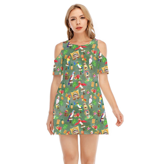 Orange Bird & Tiki Friends - Women's Cold Shoulder Cotton Dress