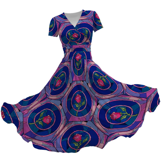 Enchanted Rose Stained Glass - Women's V-Neck Ruched Midi Dress