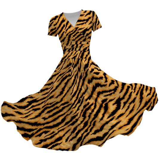 Animal Print - Tiger - Women's V-Neck Ruched Midi Dress