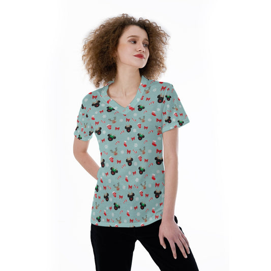 Festive Reindeer Mouse Holidayeers - Women's Short Sleeve V-Neck T-Shirt