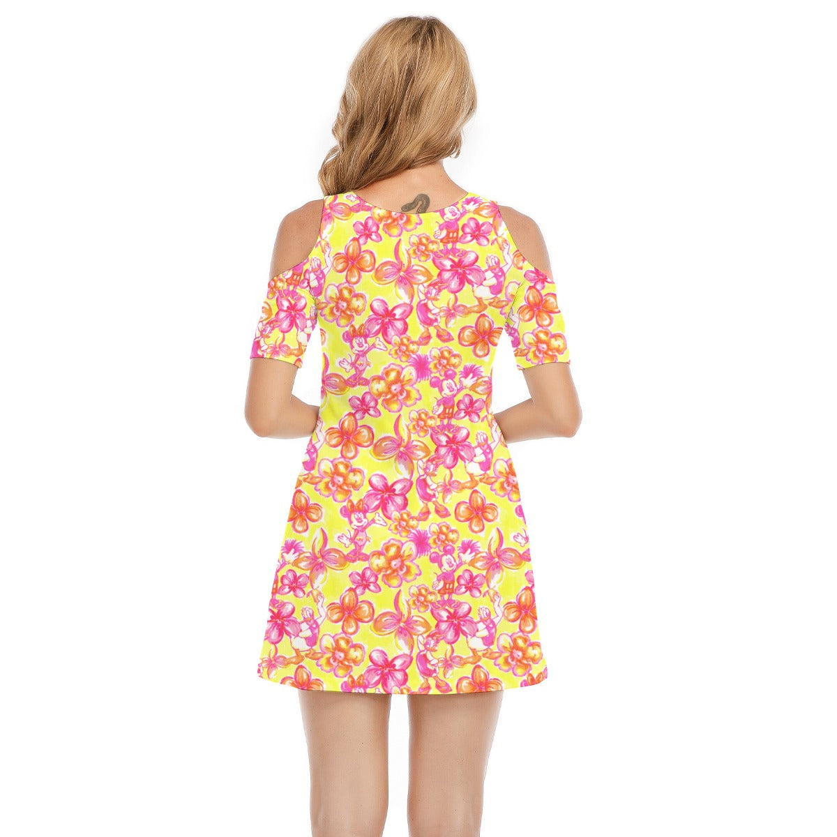 Neon Tropical Floral Friendsends - Women's Cold Shoulder Cotton Dress