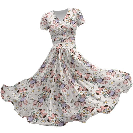 Daisy Crown Delight - Women's V-Neck Ruched Midi Dress