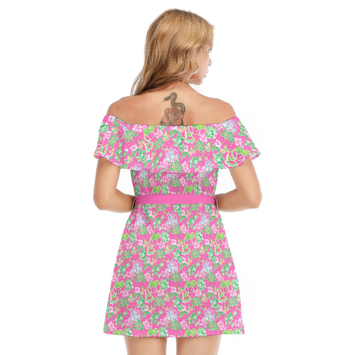 Bright Tropical Vibes - Watermelon Mouse Duo - Women's Off-shoulder Ruffle Dress