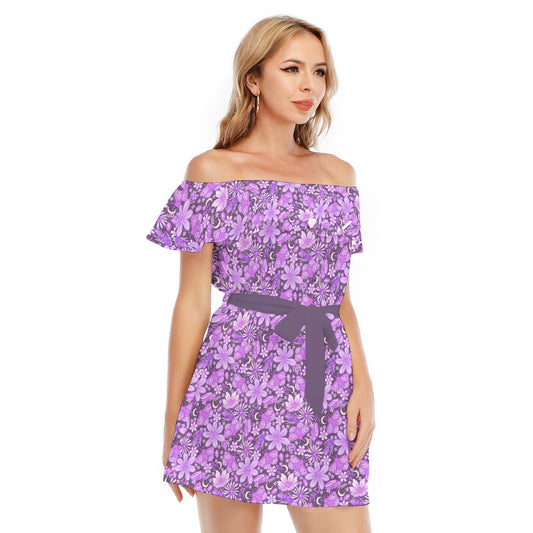 Purple Crystal Moths - Women's Off-shoulder Ruffle Dress