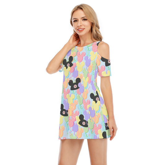 Pastel Mouse Ear Balloons - Women's Cold Shoulder Cotton Dress