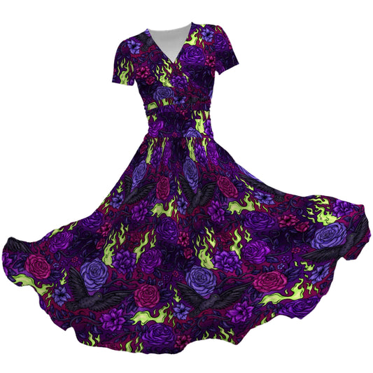 Fairytale Florals - Dark Enchantress - Women's V-Neck Ruched Midi Dress