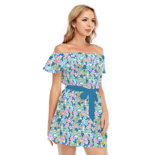 Tropical Paws & Petals - Beloved Dogs - Women's Off-shoulder Ruffle Dress