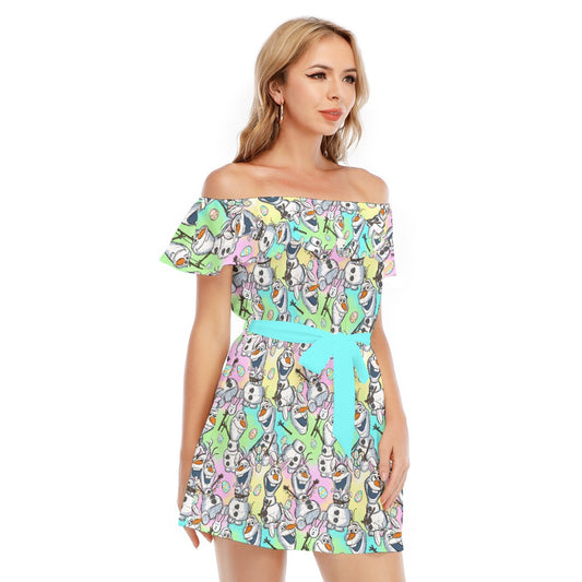 Sketched Snowman Easter - Women's Off-shoulder Ruffle Dress