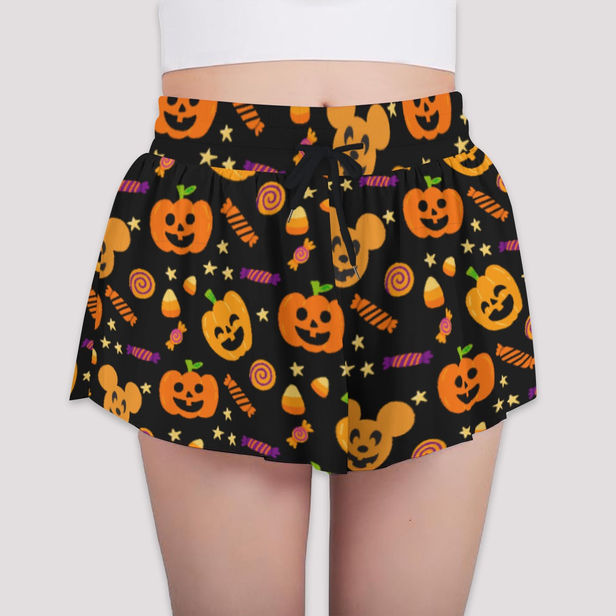Cheerful Pumpkin Mouse Halloween - Girls’ Flowy Pocket Shorts