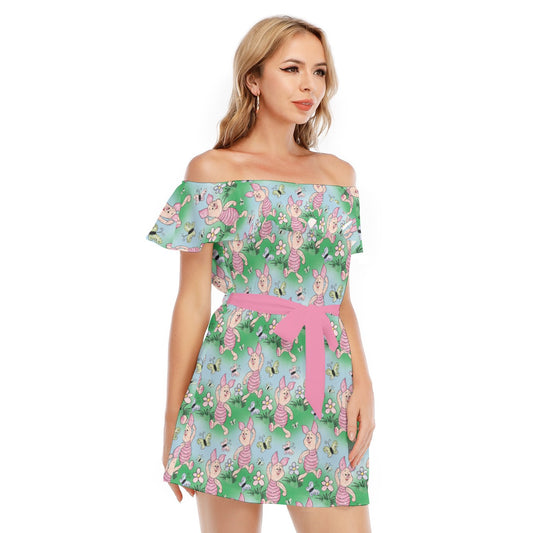 Sketched Shy Friend and Butterflies - Women's Off-shoulder Ruffle Dress