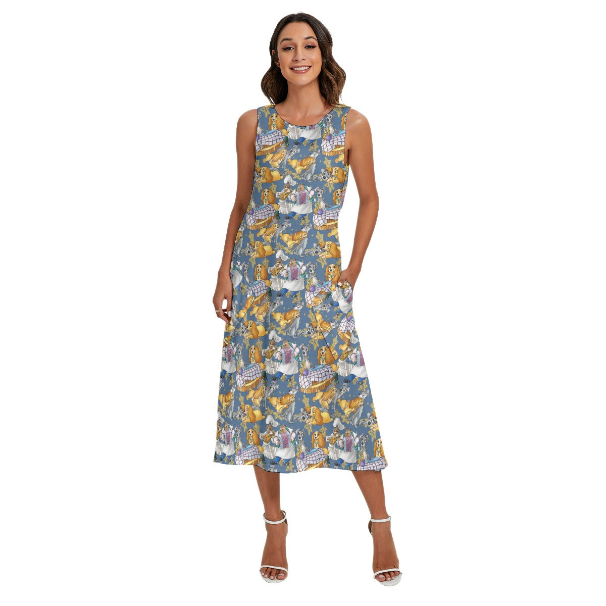 Puppy Love Sketchched - Women’s Diagonal Pocket Midi Dress