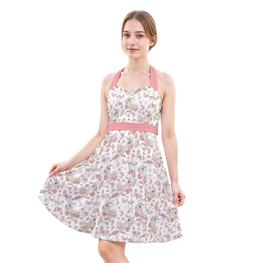 Woodland Bunny Cottagecore - Women's Halter Vintage Pocket Dress