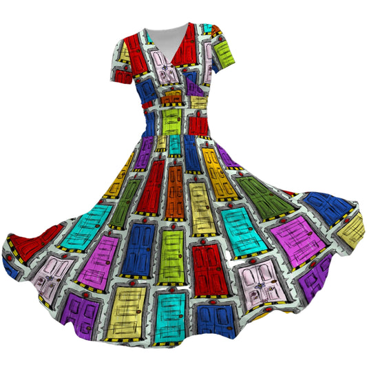 Sketchy Scare Doors - Women's V-Neck Ruched Midi Dress