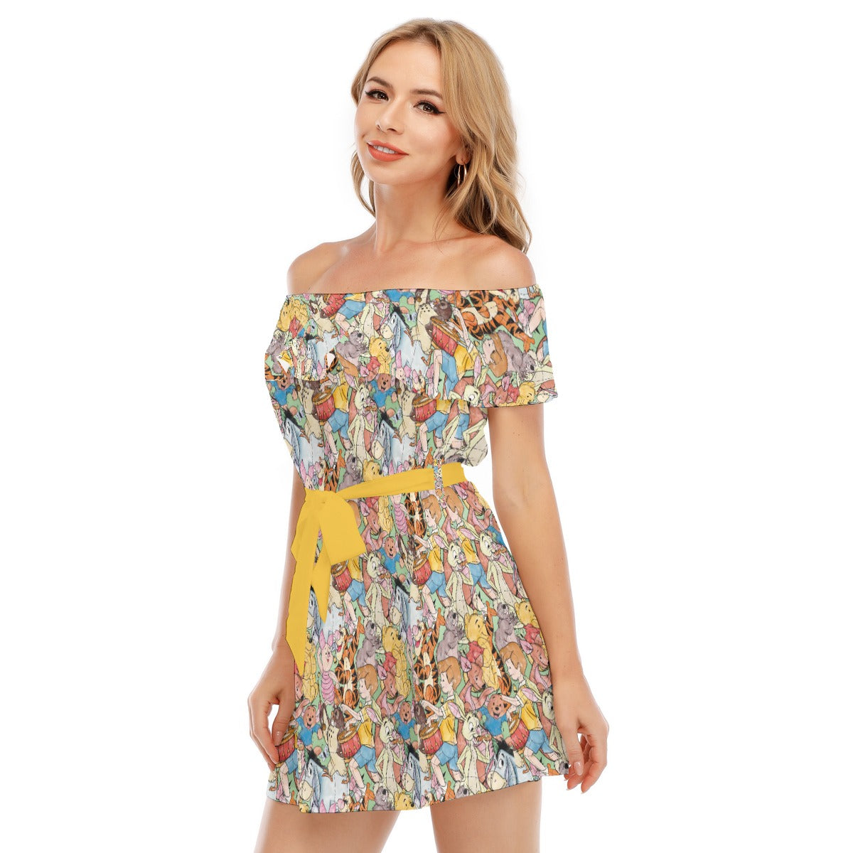 Sketched Hundred Acre Crew - Women's Off-shoulder Ruffle Dress