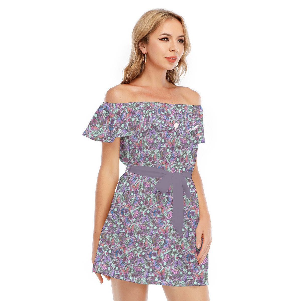 Butterfly Planchettes - Women's Off-shoulder Ruffle Dress