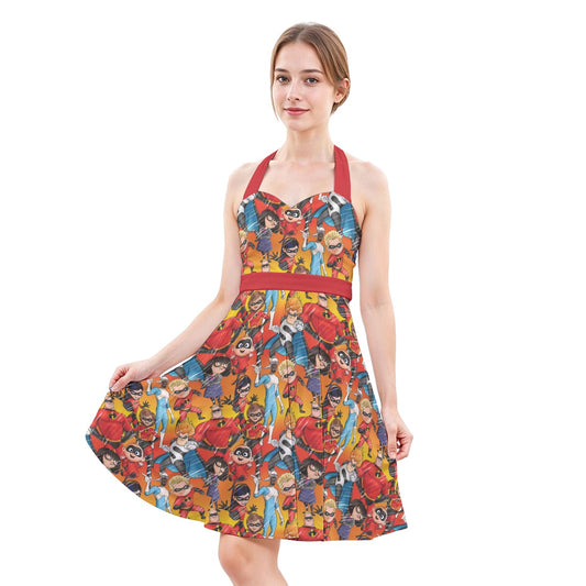 Super Squad Sketched - Women's Halter Vintage Pocket Dress