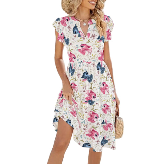 Blue Alien & Pink Friend Love - Women's Tiered Pocket Midi Dress