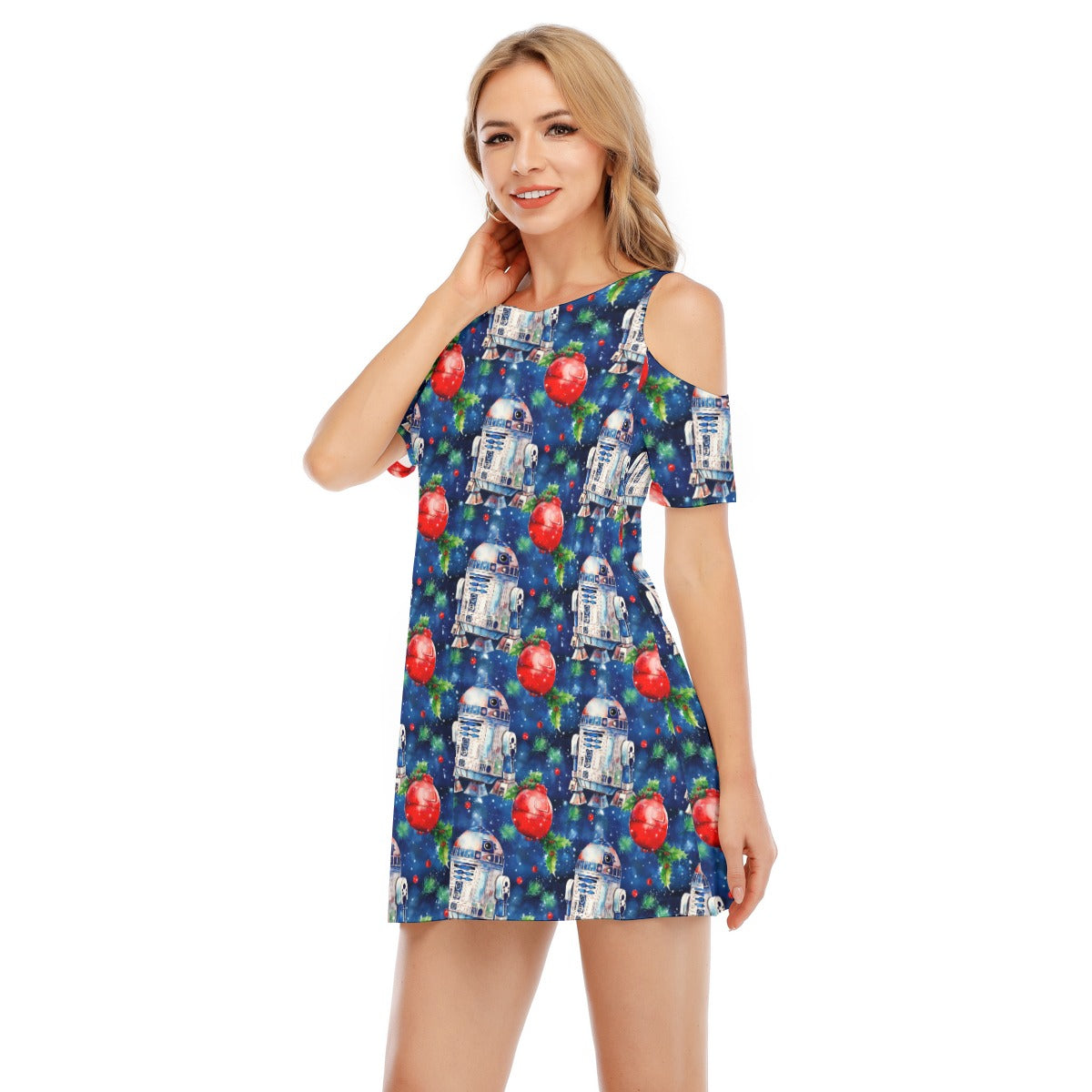 Little Blue Christmas Droid - Women's Cold Shoulder Cotton Dress