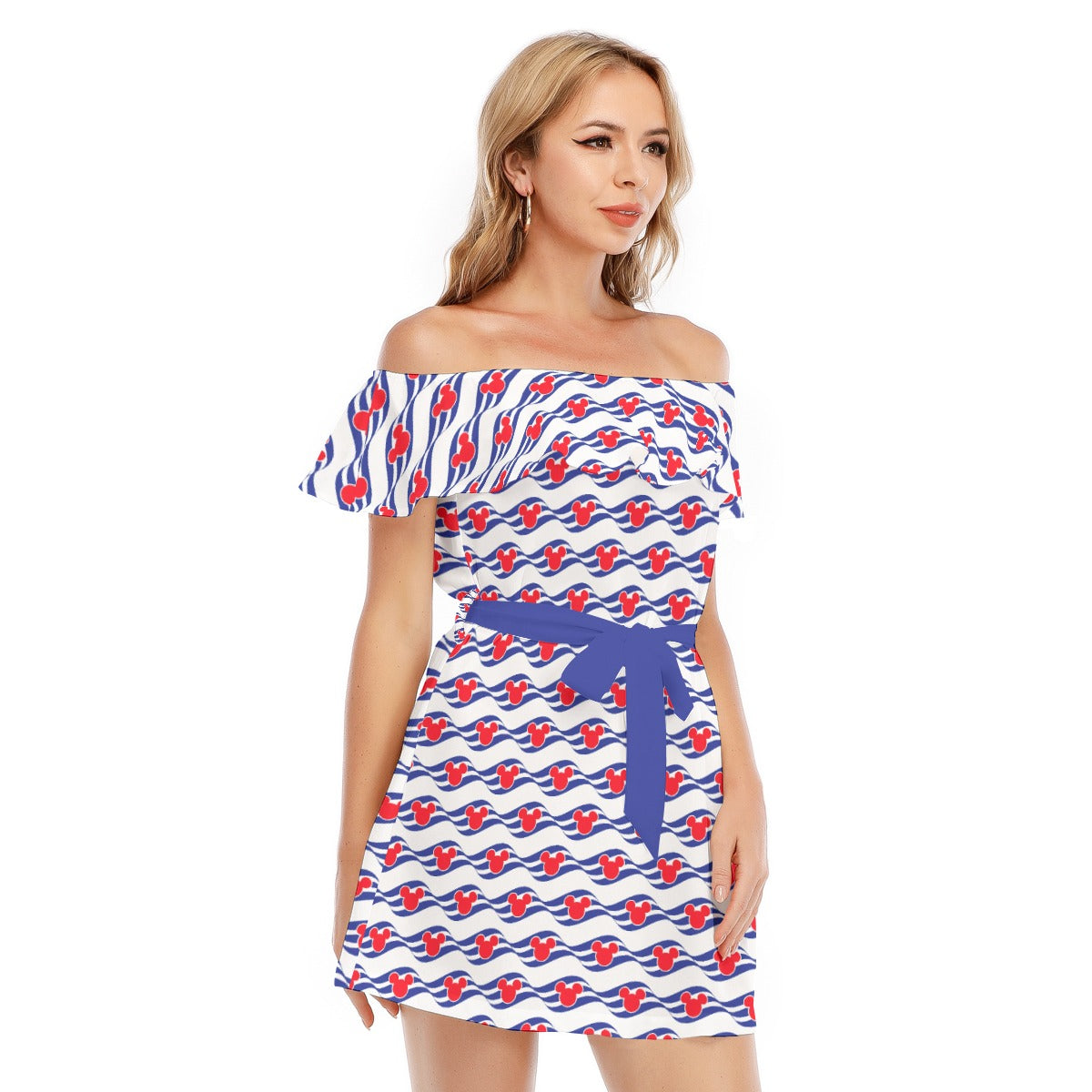 Nautical Cruise Logo Print - Women's Off-shoulder Ruffle Dress