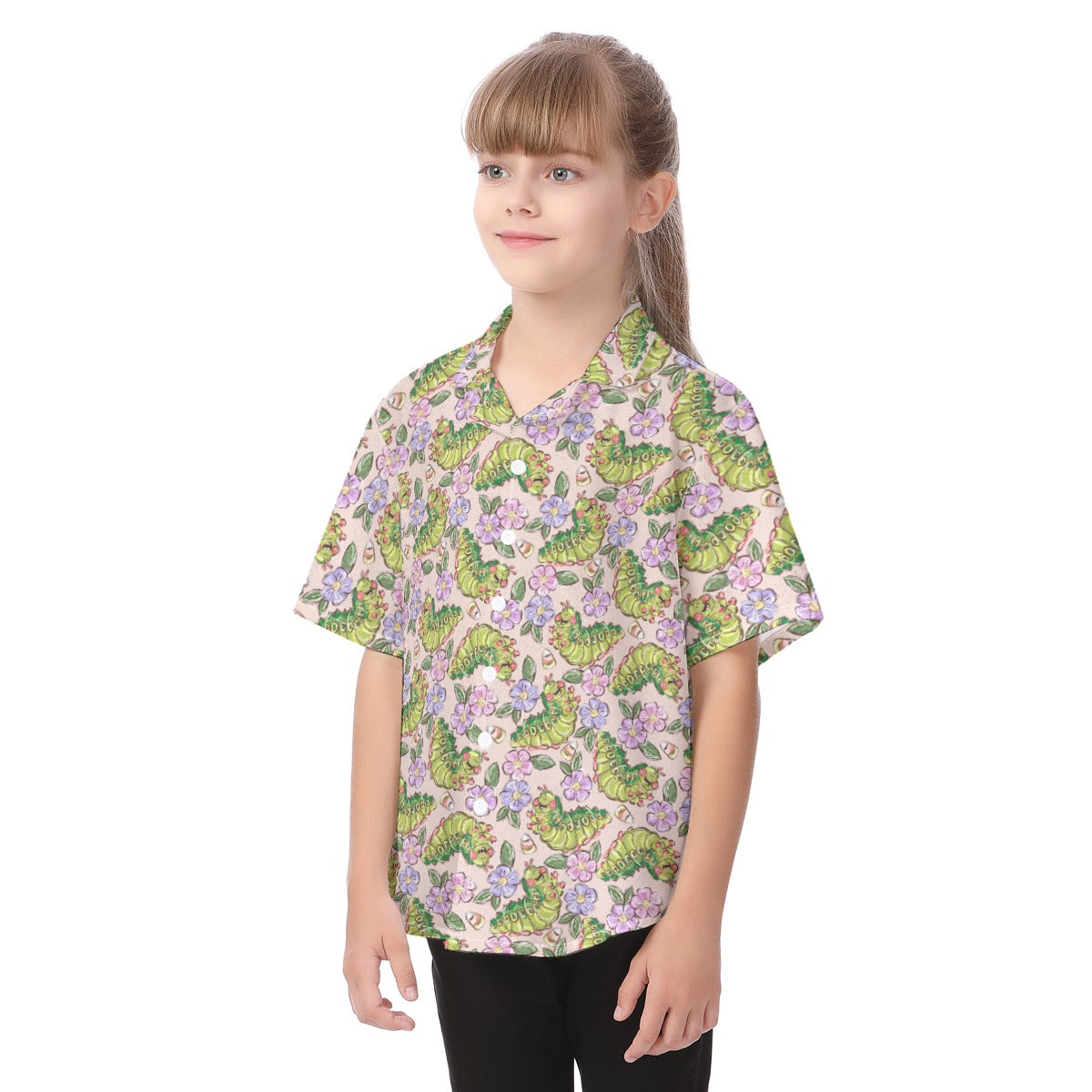 Cheerful Caterpillar Garden - Kid's Hawaiian Button Up Shirt