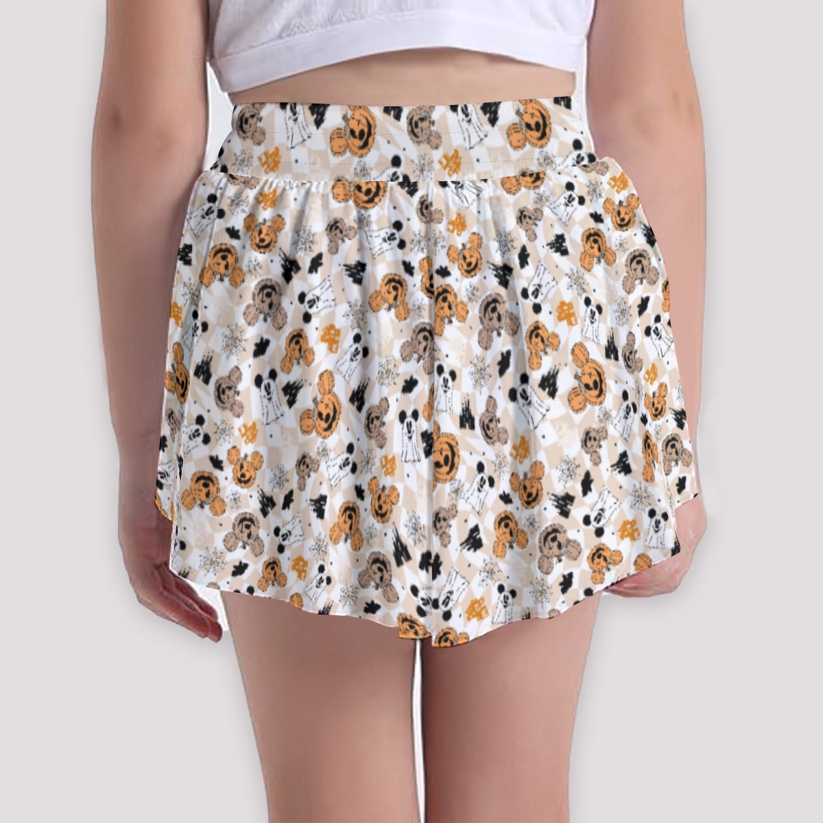 Checkered Halloween Ghosts & Pumpkinskins - Girls’ Flowy Pocket Shorts