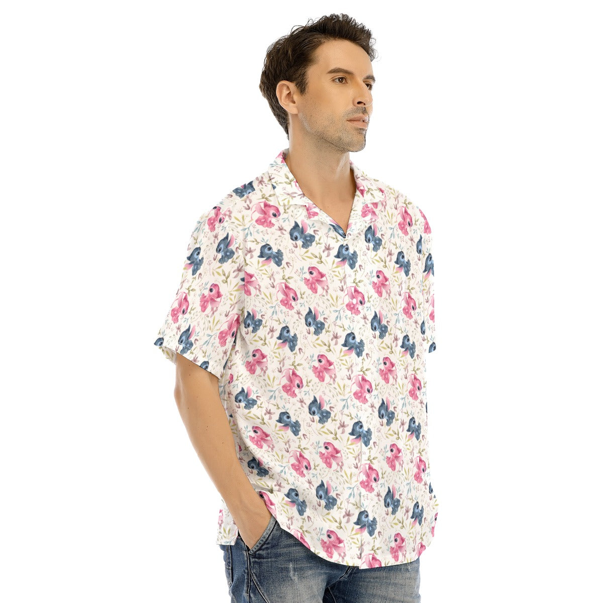 Blue Alien & Pink Friend Love - Men's Hawaiian Button Up Shirt