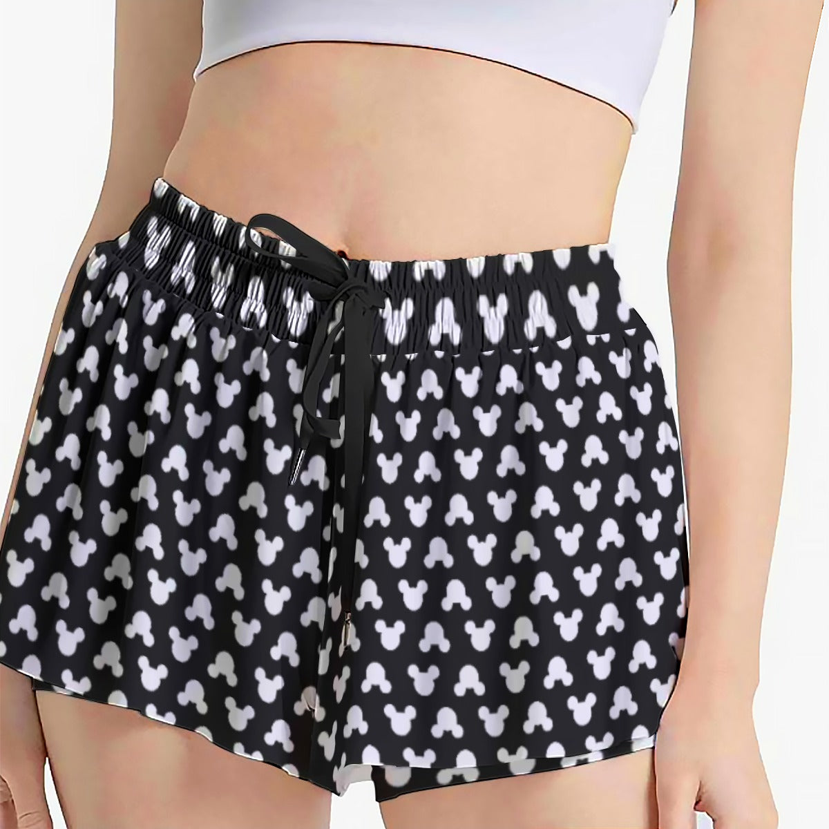 Playful Polka Dot Ears Black - Women's Flowy Pocket Shorts