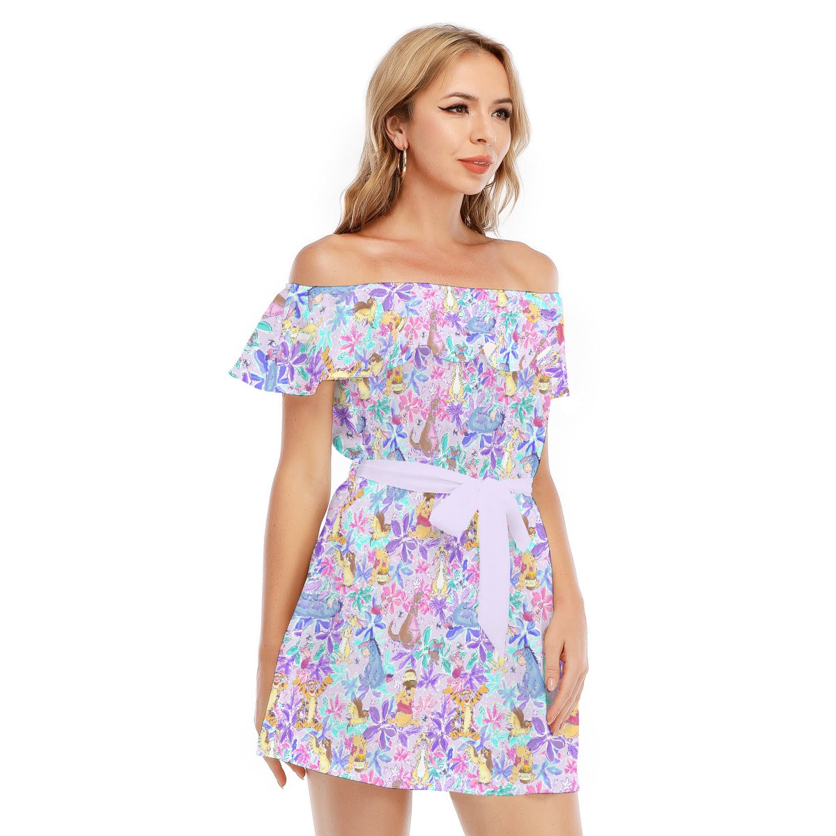 Storybook Friends in Bloom - Women's Off-shoulder Ruffle Dress