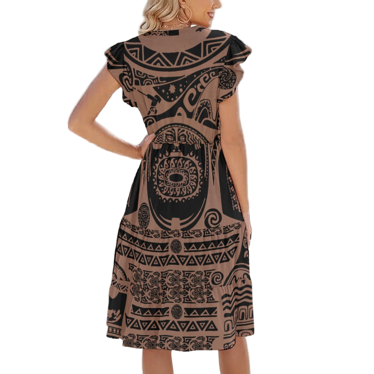 Polynesian Tattoo Motifs - Women's Tiered Pocket Midi Dress