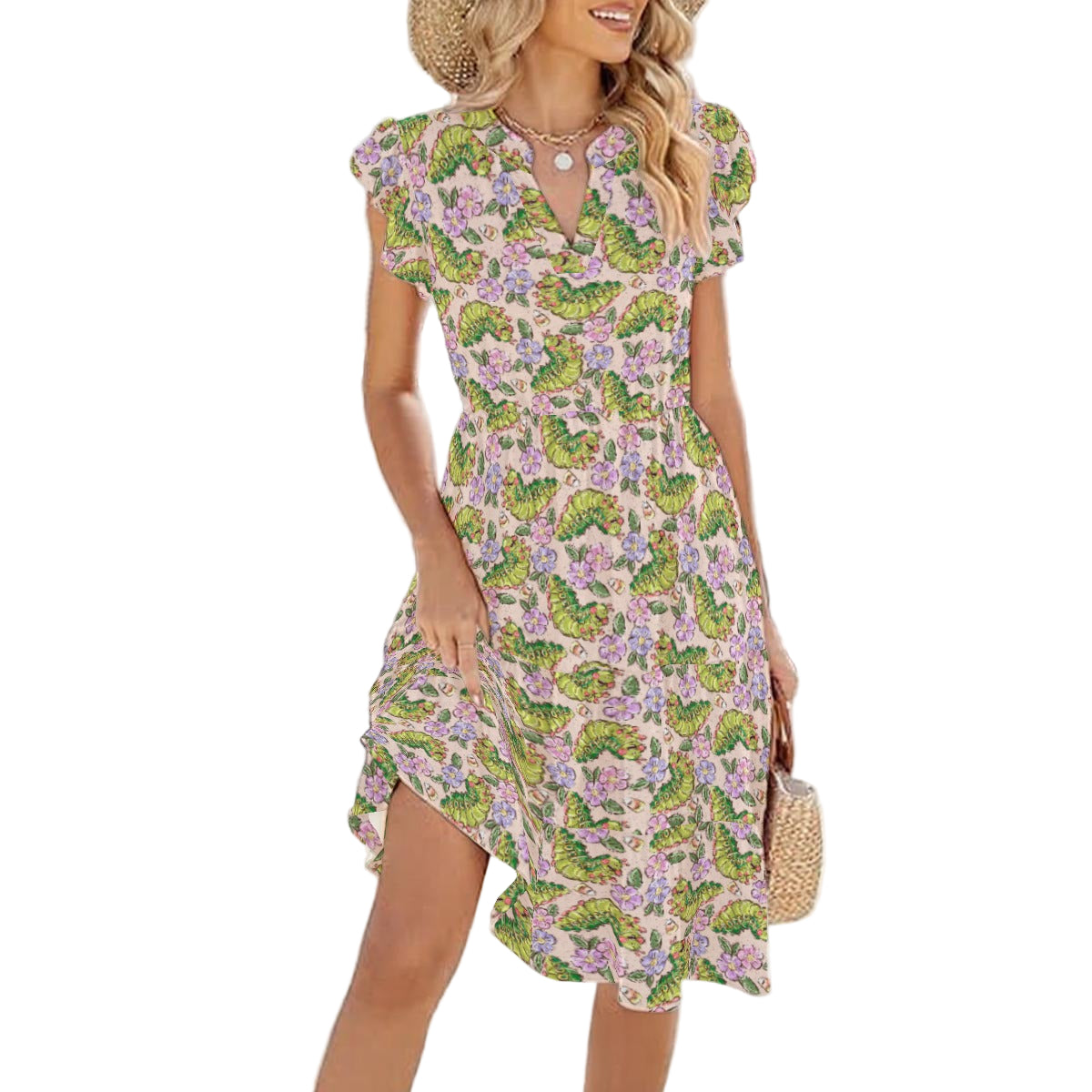 Cheerful Caterpillar Garden - Women's Tiered Pocket Midi Dress