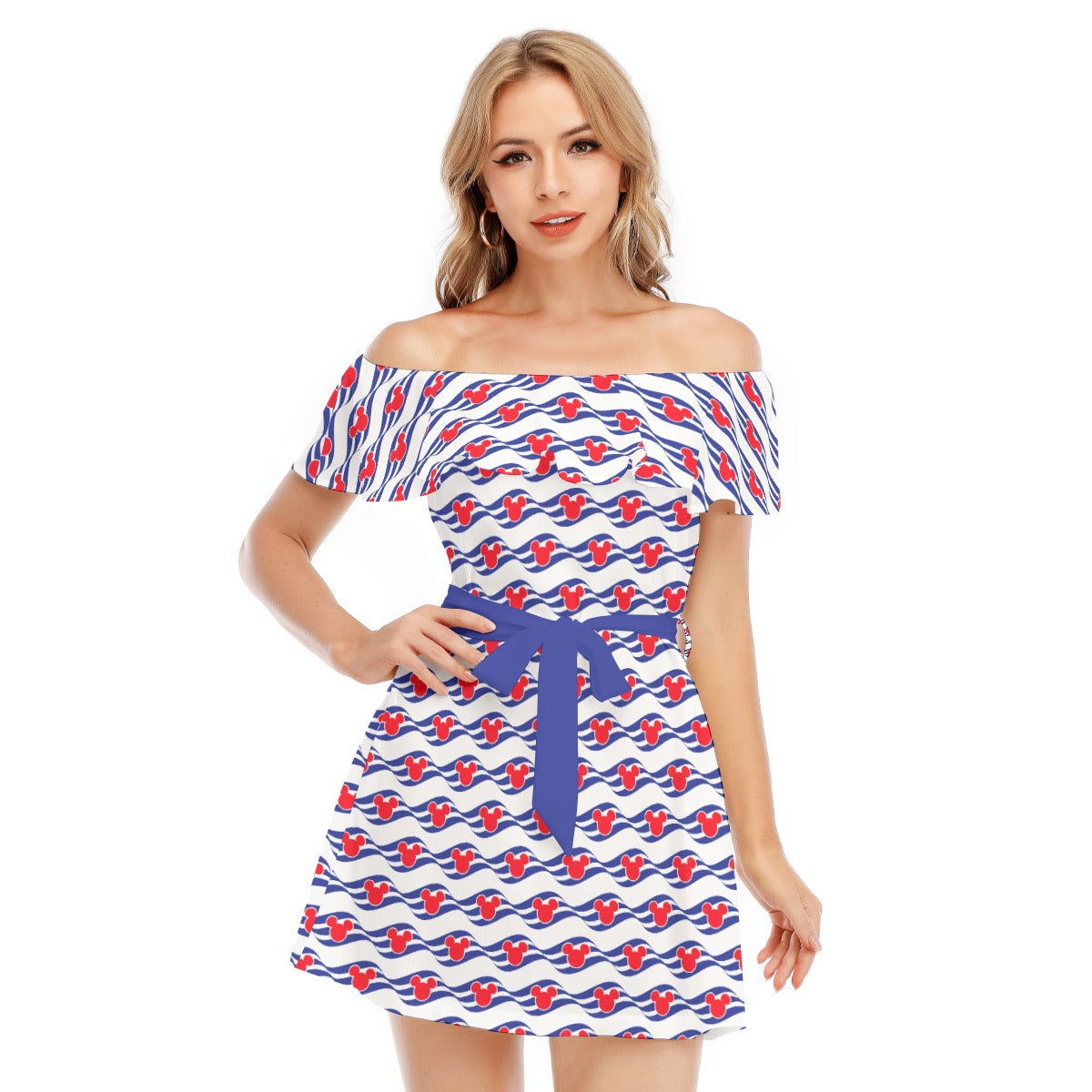 Nautical Cruise Logo Print - Women's Off-shoulder Ruffle Dress