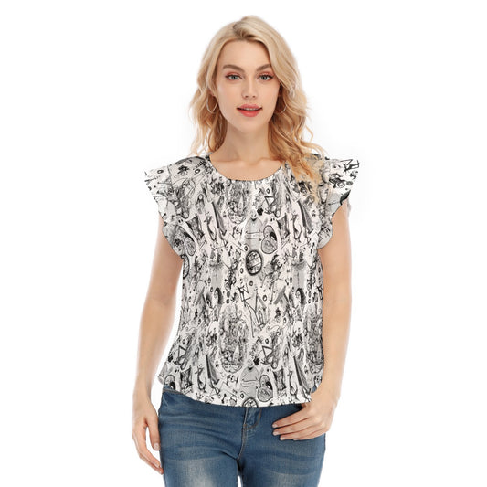 Nightmare Halloween Sketches - Women’s Flutter Sleeve Top