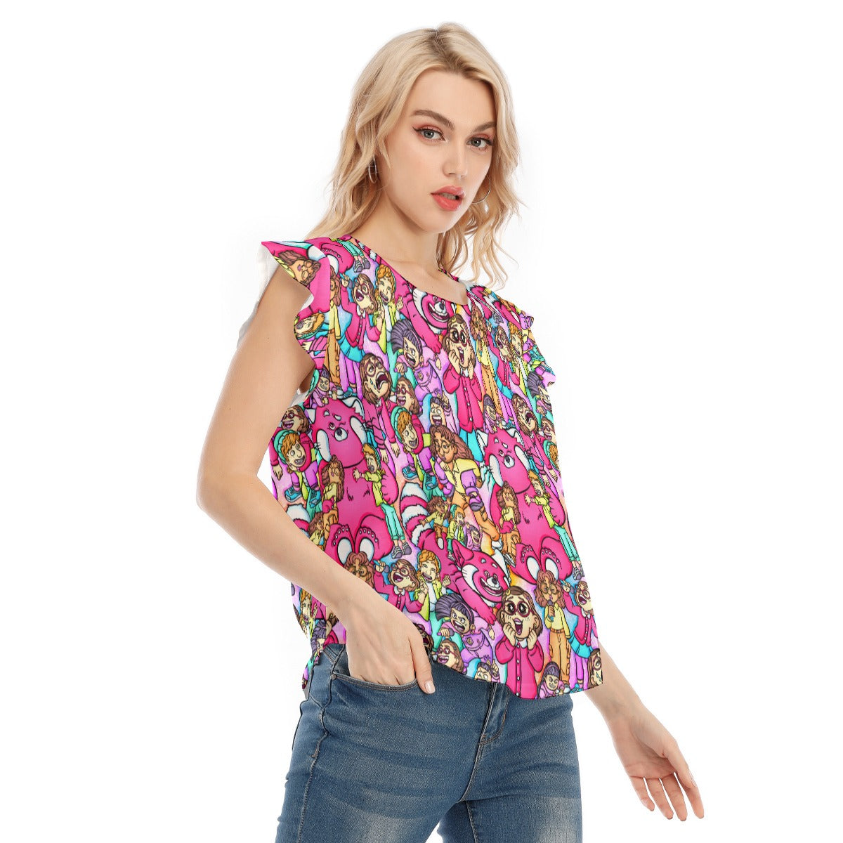 Red Panda Chaos Scenes - Women’s Flutter Sleeve Top
