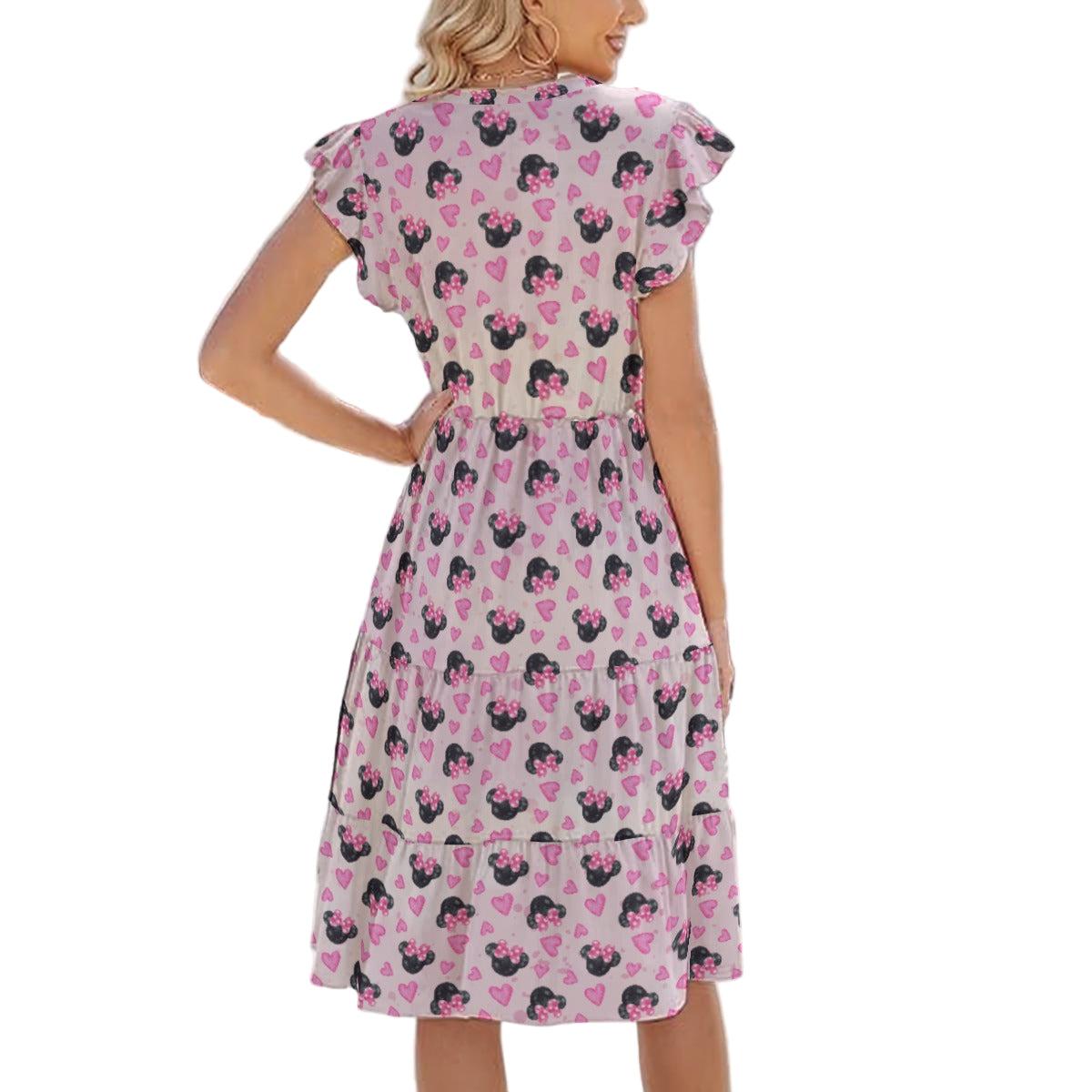 Watercolor Pink Bow Mouse Ears - Women's Tiered Pocket Midi Dress