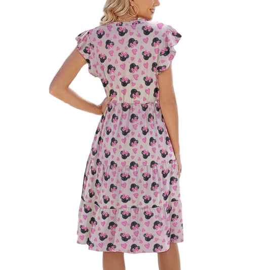 Watercolor Pink Bow Mouse Ears - Women's Tiered Pocket Midi Dress
