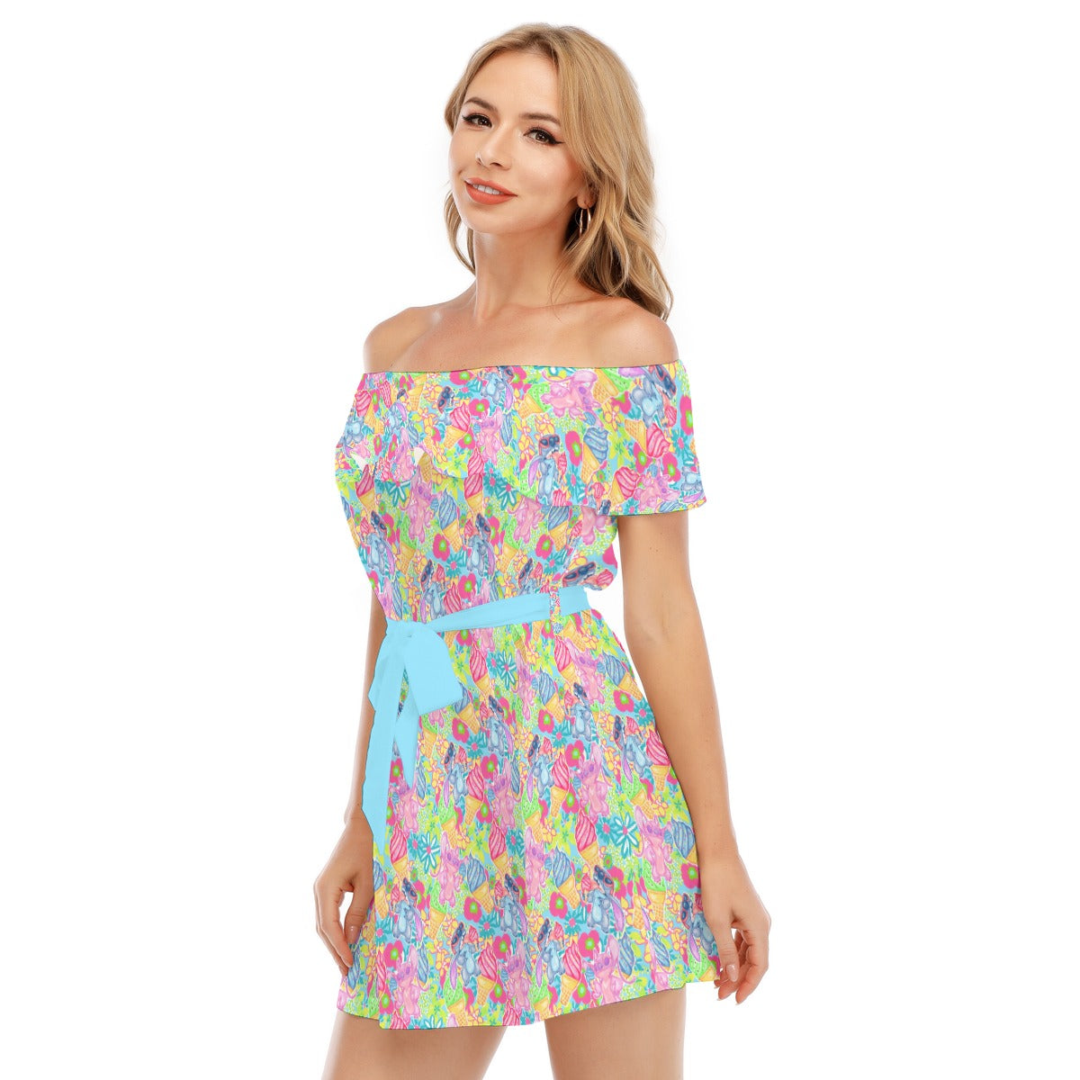 Neon Floral Summer Vibes - Women's Off-shoulder Ruffle Dress
