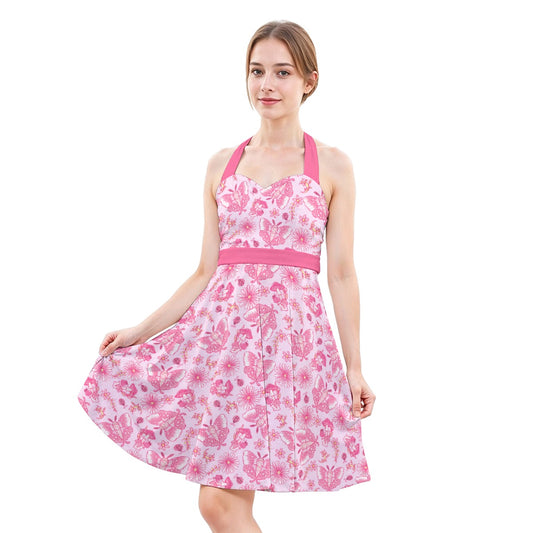 Pink Mushroom Moths - Women's Halter Vintage Pocket Dress