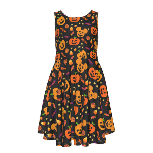 Cheerful Pumpkin Mouse Halloween- Kid's Sleeveless Skater Dress