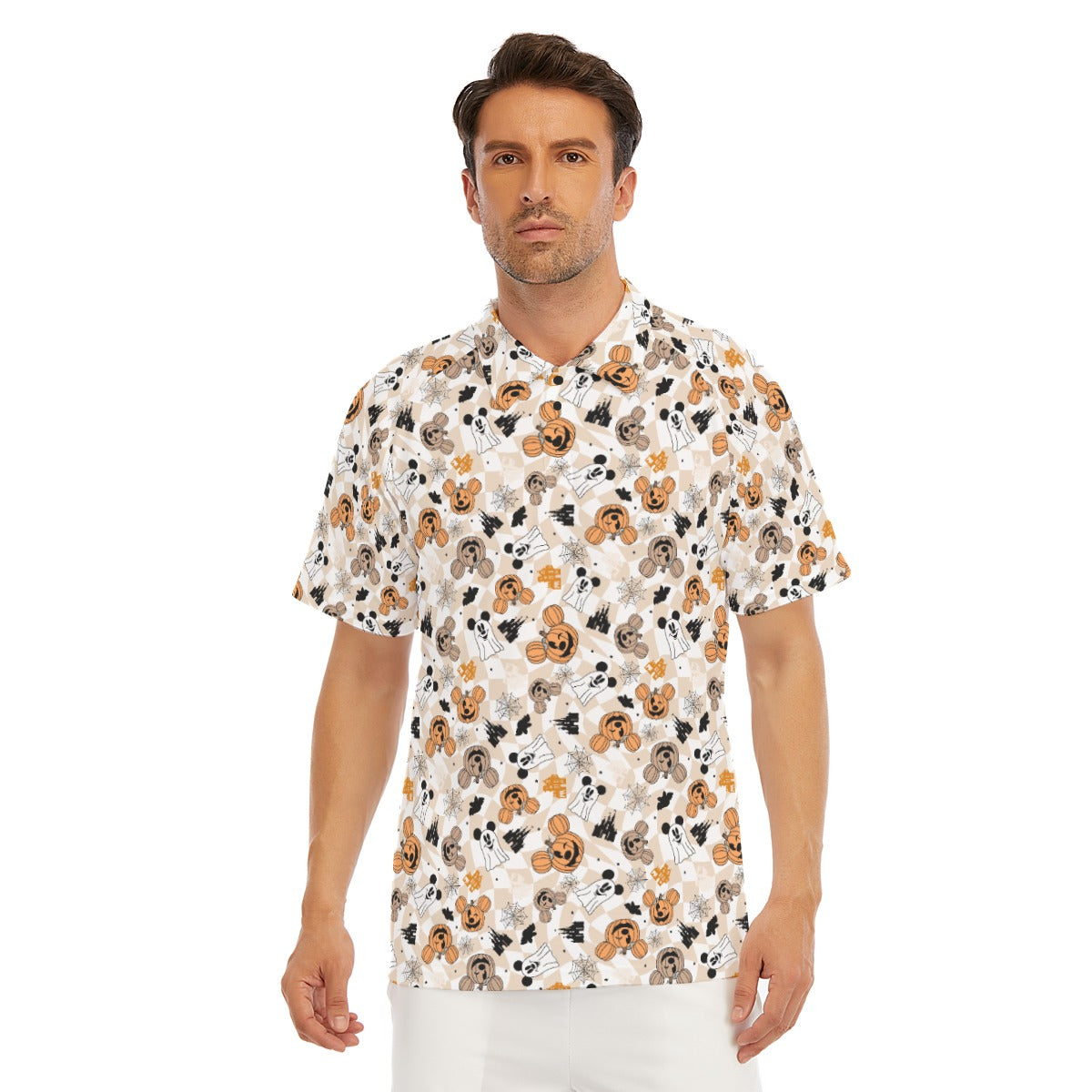 Checkered Halloween Ghosts & Pumpkins - Men's Polo Shirt