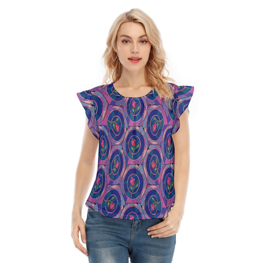 Enchanted Rose Stained Glass - Women’s Flutter Sleeve Top
