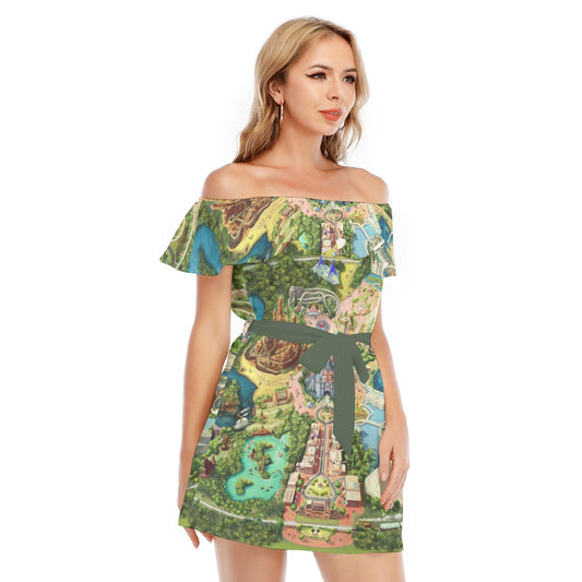 Colorful Theme Park Map - Women's Off-shoulder Ruffle Dress