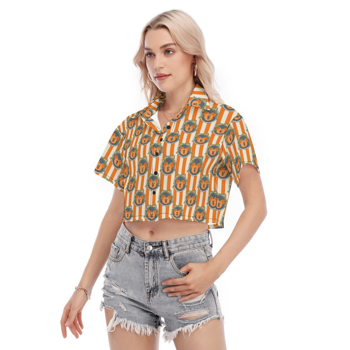 Pumpkin Cameo Stripes - Women’s Cropped Button-Up Shirt