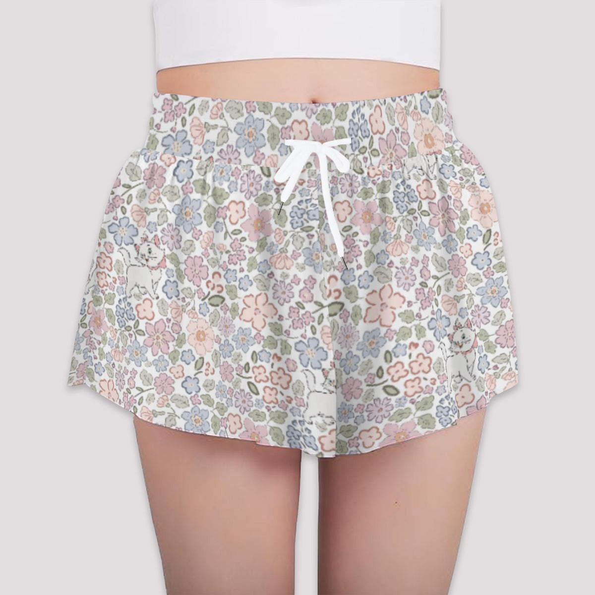 Springtime Kitten Garden Elegance - Girls’ Flowy Pocket Shorts