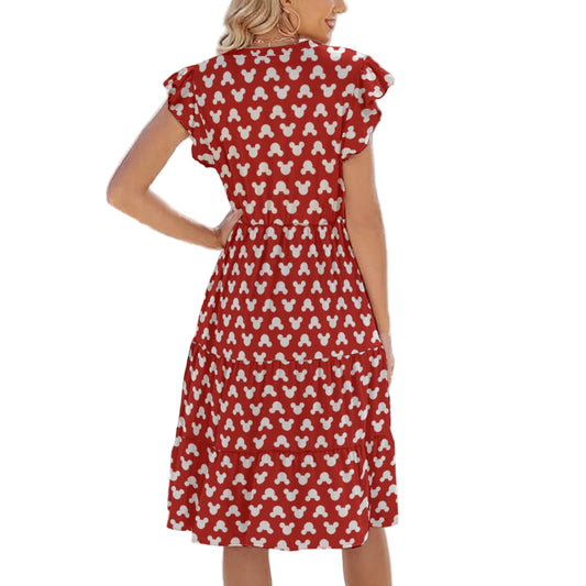 Playful Polka Dot Ears Red - Women's Tiered Pocket Midi Dress
