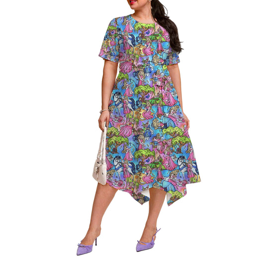 Dreaming Princess Storybook Scenes - Women's Short Sleeve Belted Midi Dress