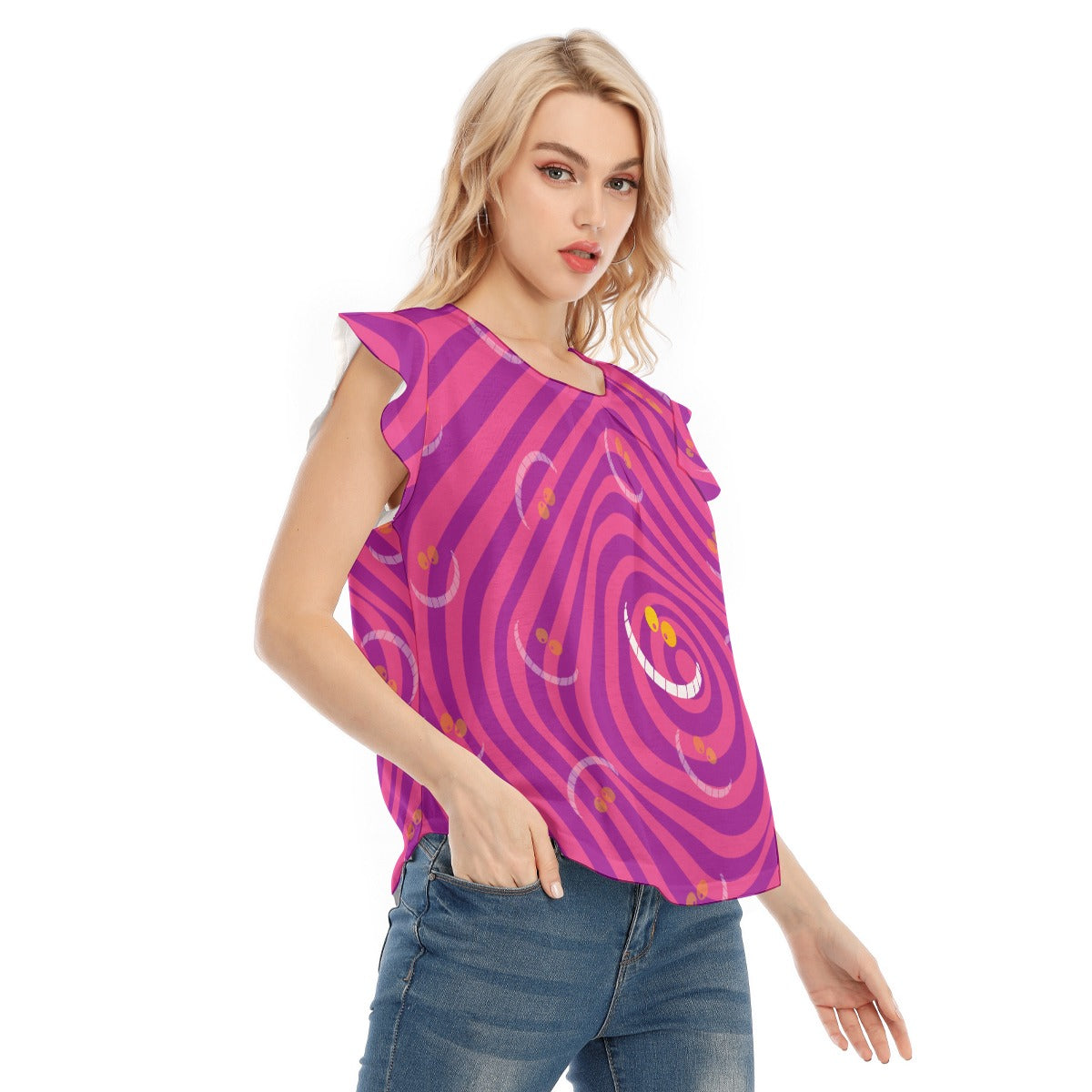 Whimsical Grinning Stripes - Women’s Flutter Sleeve Top