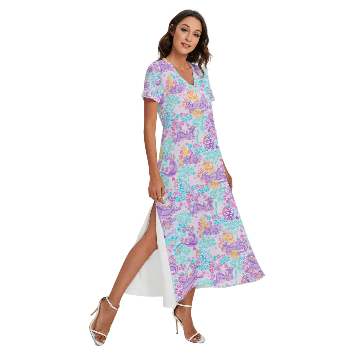 Purple Dragon Flower Power - Women's V-Neck Side Split Maxi Dress