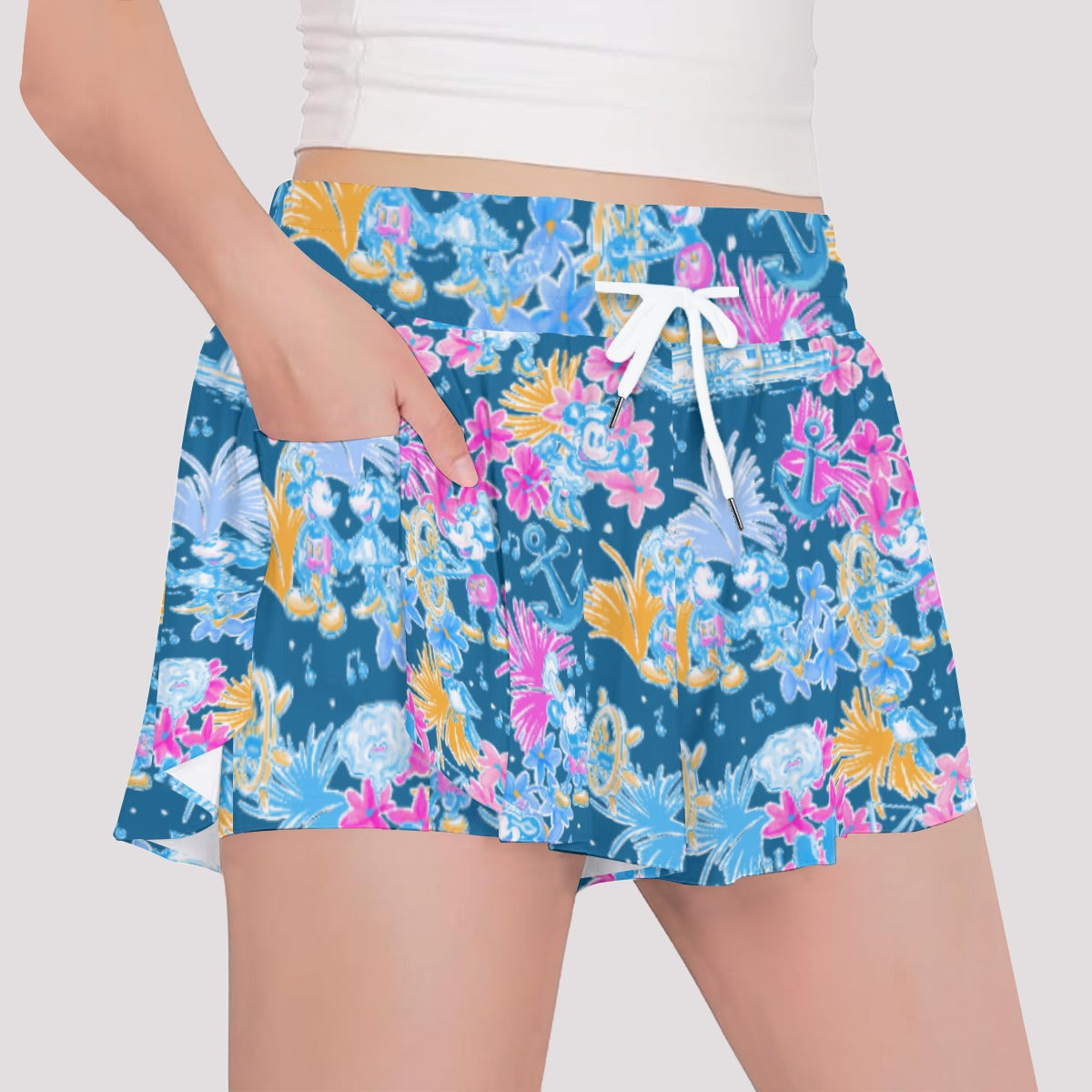 Bright Tropical Whimsy - Vintage Steamboat Captain - Girls’ Flowy Pocket Shorts
