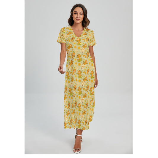 Vintage Citrus Garden - Women's V-Neck Side Split Maxi Dress