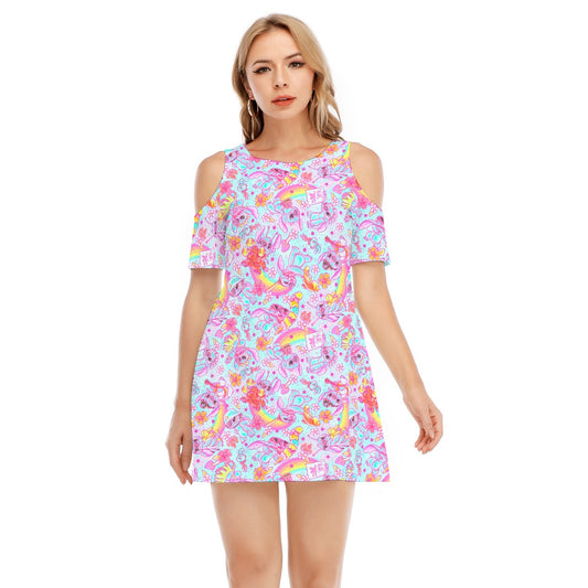 Neon Rainbow Mischief - Women's Cold Shoulder Cotton Dress